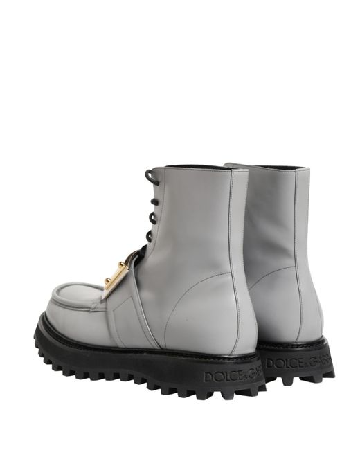 Dolce & Gabbana Gray Leather Logo Plaque Ankle Boots Shoes for men