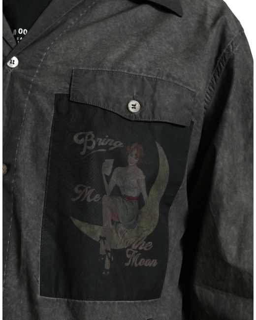 Dolce & Gabbana Black Dark Gray Cotton Collared Long Sleeves Shirt for men