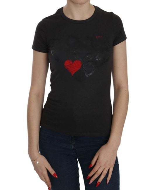 Exte Black Hearts Print Short Sleeve Casual Shirt Top