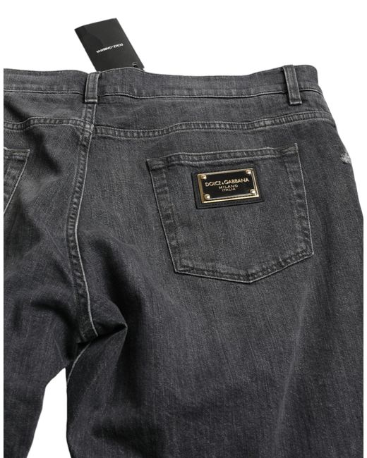 Dolce & Gabbana Black Grey Tattered Cotton Slim Skinny Denim Jeans for men