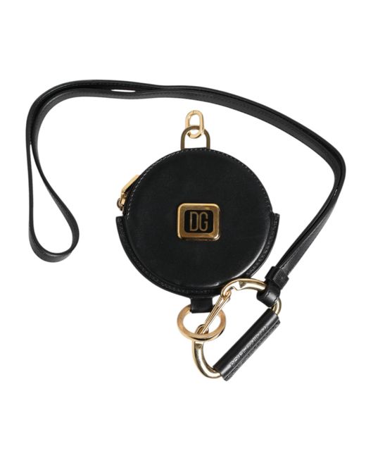 Dolce & Gabbana Black Round Leather Dg Logo Coin Purse Lanyard Wallet for men