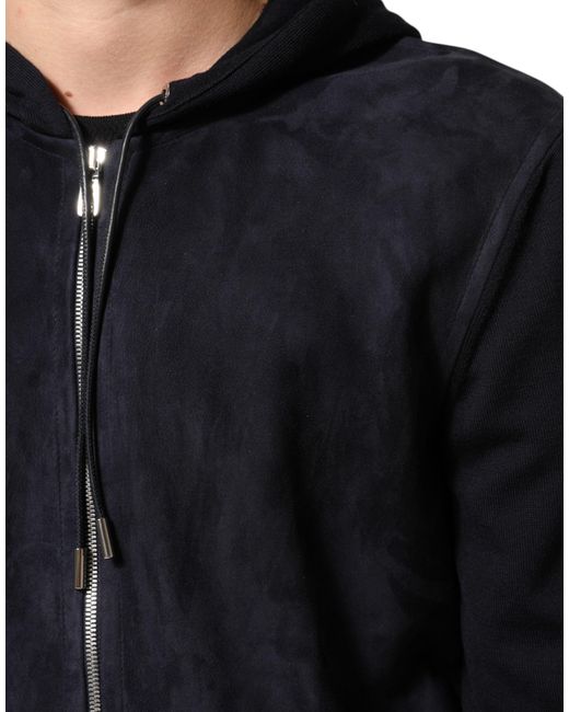 Dolce & Gabbana Black Leather Full Zip Hooded Blouson Jacket for men
