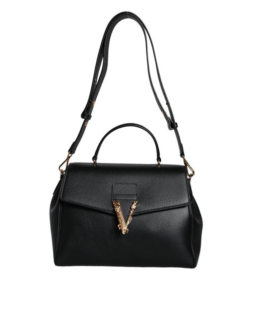 Versace Black Top Handle Grainy Calfskin Leather Crossbody Bag