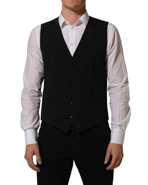 Dolce & Gabbana Black Wool Stretch Waistcoat Formal Dress Vest Virgin Elastane for men