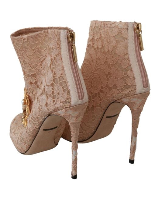 Dolce & Gabbana Brown Crystal Lace Booties Stilettos Shoes