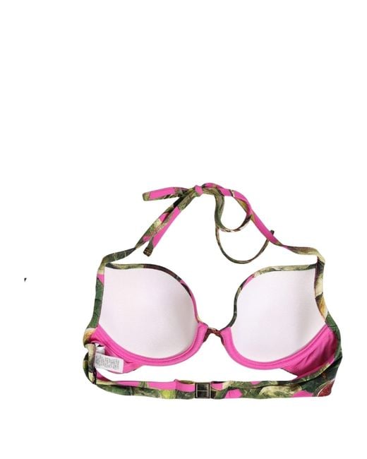 Dolce & Gabbana Green Fuchsia Pink Fig Print Beachwear Bikini Top