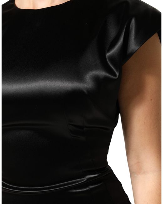 Dolce & Gabbana Black Satin Sheath Midi Cap Sleeves Dress