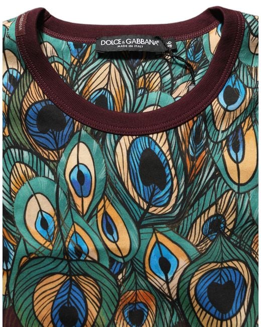 Dolce & Gabbana Blue Burgundy Peacock Feather Round Neck T