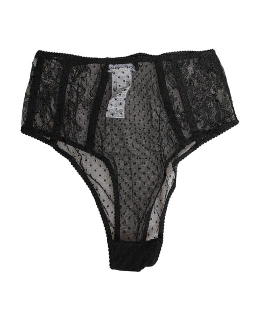 Dolce & Gabbana Black Lace Polka Dot Mesh High Waist Underwear