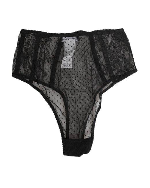 Dolce & Gabbana Black Lace Polka Dot Mesh High Waist Underwear