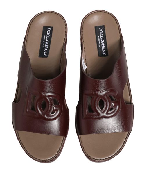 Dolce & Gabbana Brown Maroon Leather Cutout Dg Logo Sandals Shoes
