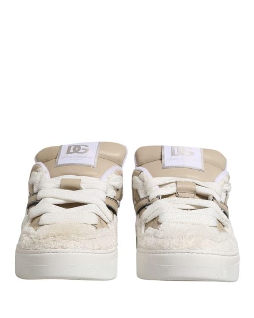 Dolce & Gabbana White Beige Faux Shearling Low Top Sneakers Shoes for men