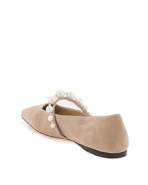 Jimmy Choo White Suede Leather Ballerina Flats With Pearl