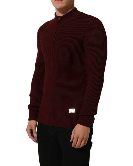 Dolce & Gabbana Red Burgundy Wool Half Zip Men Pullover Sweater for men