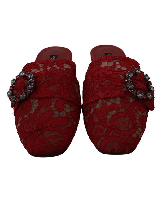 Dolce & Gabbana Red Lace Crystal Slide On Flats Shoes