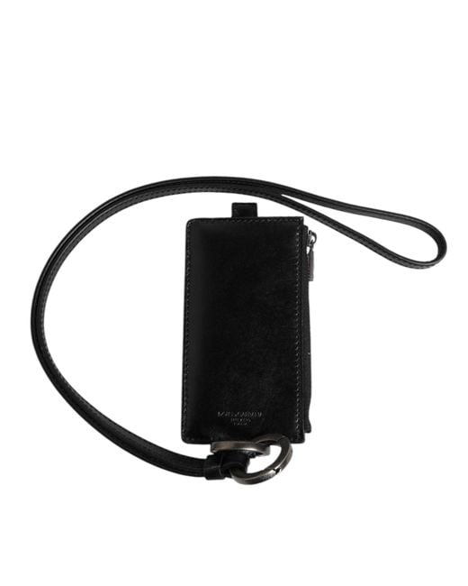 Dolce & Gabbana Black Leather Logo Embossed Lanyard Card Holder Wallet for men