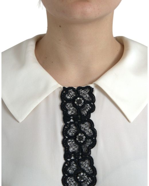 Dolce & Gabbana White Elegant Off- Lace-Trim Silk Blouse