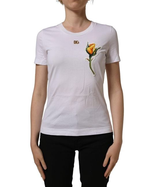 Dolce & Gabbana White Cotton Rose Patch Crew Neck T