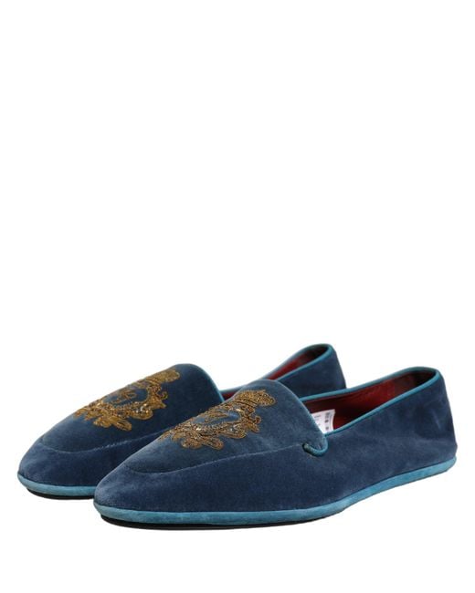 Dolce & Gabbana Blue Velvet Crown Embroidery Loafers Shoes for men