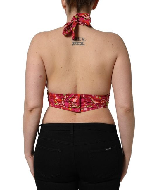 Dolce & Gabbana Red Paisley Silk Halter Neck Crop Tank Top