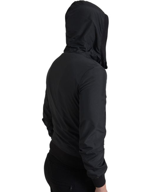 Dolce & Gabbana Black Hooded Nylon Bomber Full Zip Sweater for men