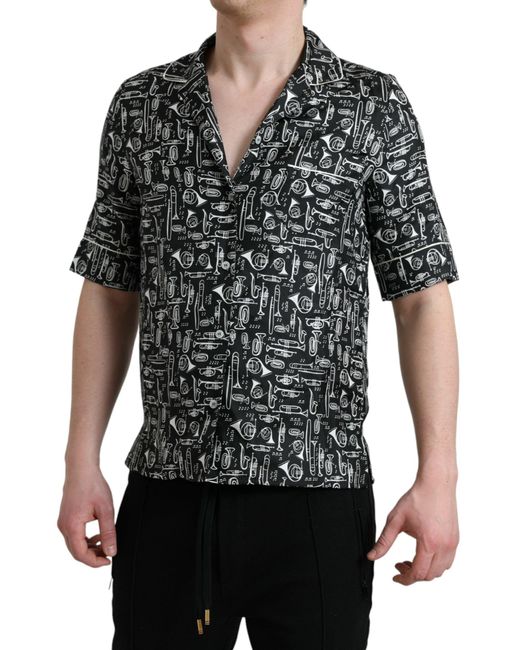 Dolce & Gabbana Black Elegant Silk Polo T-Shirt With Trumpet Print for men