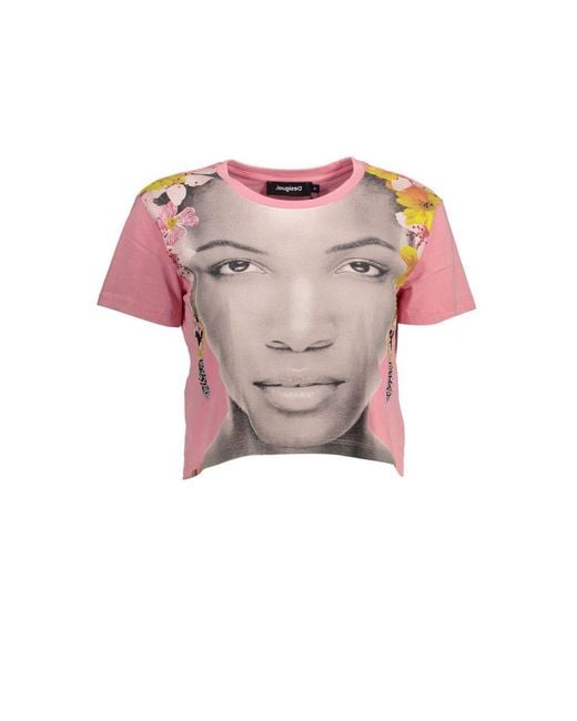 Desigual Pink Face Print Crop Tee Short Sleeve Casual Top