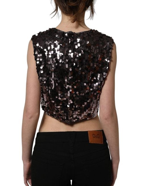 Dolce & Gabbana Black Sequined Sleeveless Cropped Tank Top Nylon