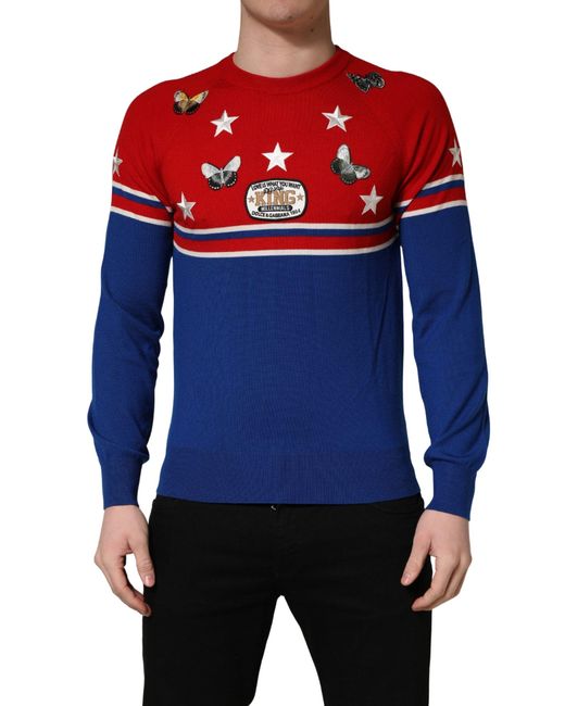 Dolce & Gabbana Blue Multicolor Wool Butterfly Star Men Crew Neck Sweater for men