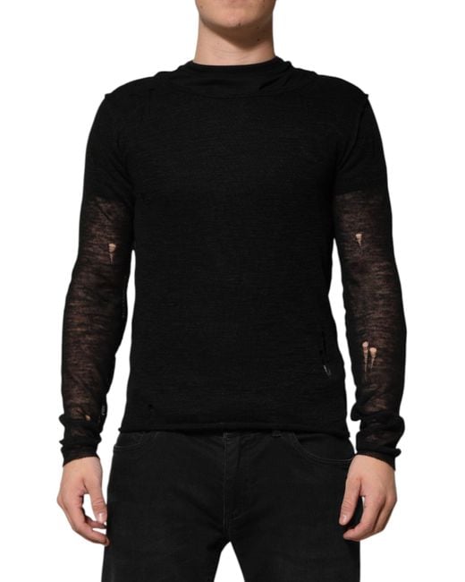 Dolce & Gabbana Black Linen Mesh Tattered Longsleeves T-Shirt Polyester for men