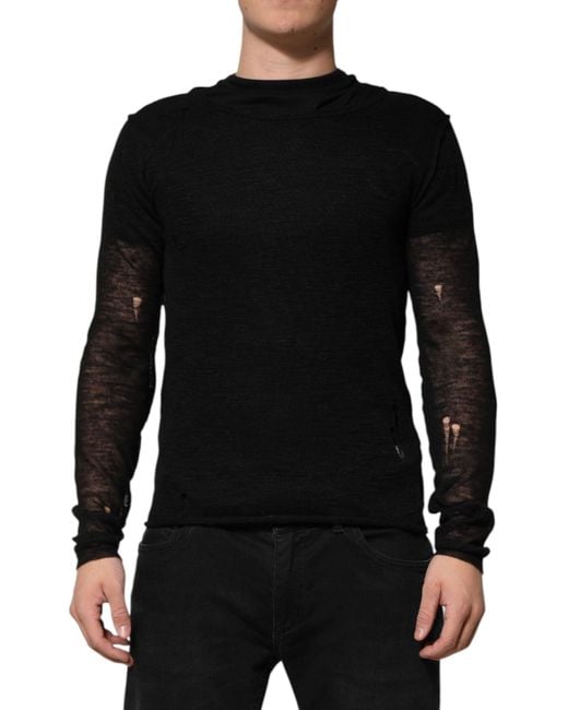 Dolce & Gabbana Black Linen Mesh Tattered Longsleeves T-Shirt Polyester for men