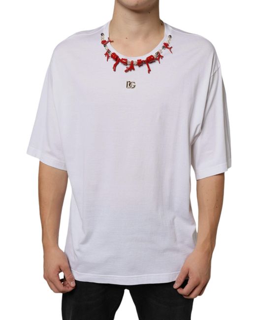 Dolce & Gabbana White Cotton Necklace Embellished T-Shirt for men