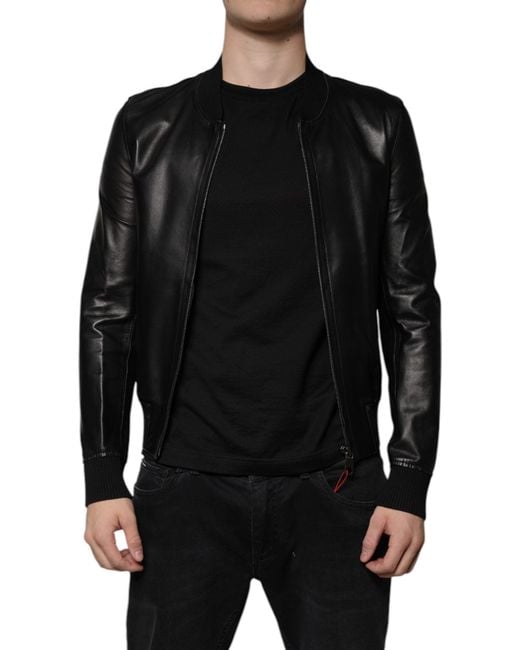 Dolce & Gabbana Black Lambskin Full Zip Biker Blouson Jacket for men