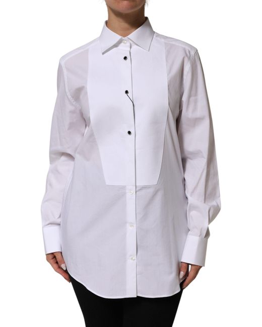 Dolce & Gabbana Gray White Cotton Tuxedo Bib Long Sleeve Dress Shirt