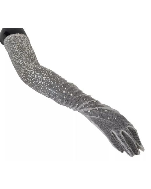 Dolce & Gabbana Gray White Crystal Elbow Length Cotton Tulle Gloves