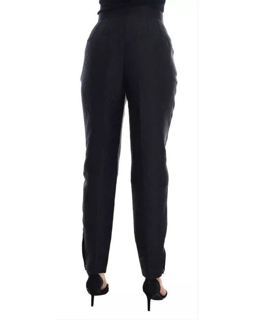 Dolce & Gabbana Blue Black Floral Brocade High Waist Pants