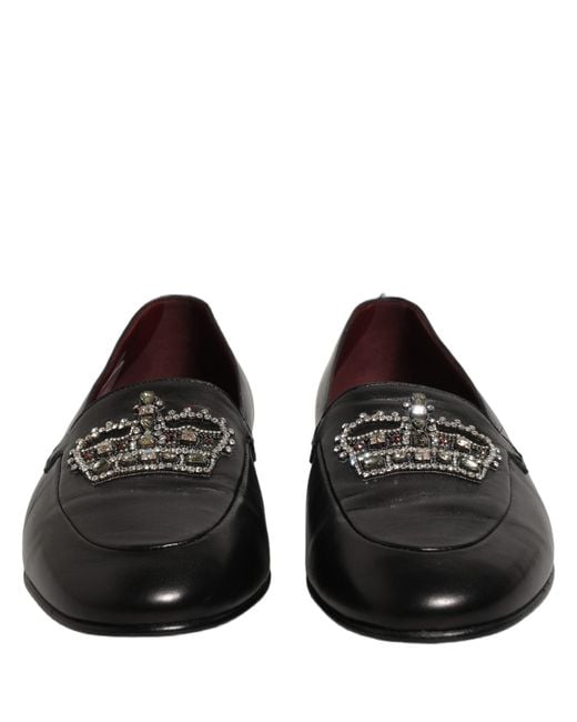 Dolce & Gabbana Black Leather Crown Embellished Loafers Shoes for men