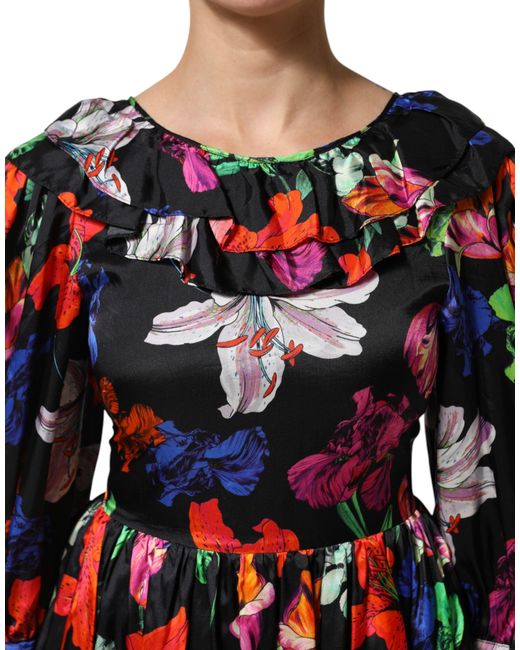 MSGM Black Floral Print Ruffletrim Dress