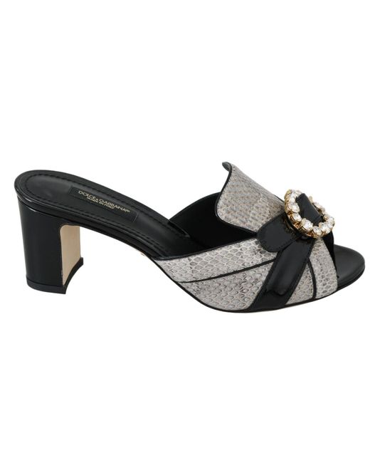 Dolce & Gabbana Black Gray Exotic Leather Crystals Sandals Shoes