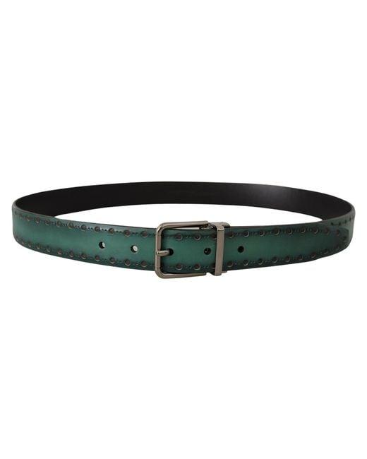 Dolce & Gabbana Black Green Giotto Leather Silver Metal Buckle Belt for men
