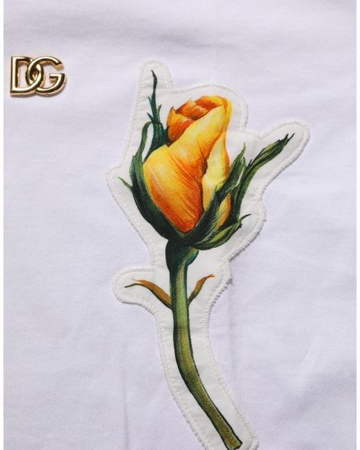 Dolce & Gabbana White Cotton Rose Patch Crew Neck T