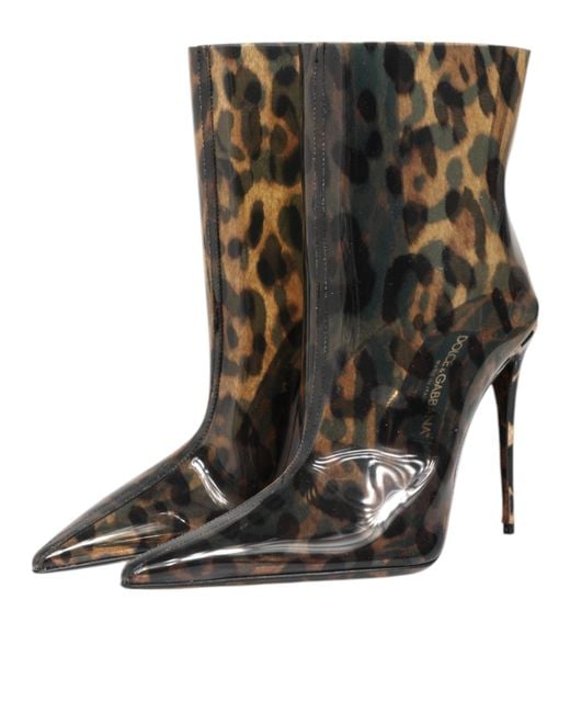 Dolce & Gabbana Brown Leopard Print Pvc Pointed Toe Boots Shoes