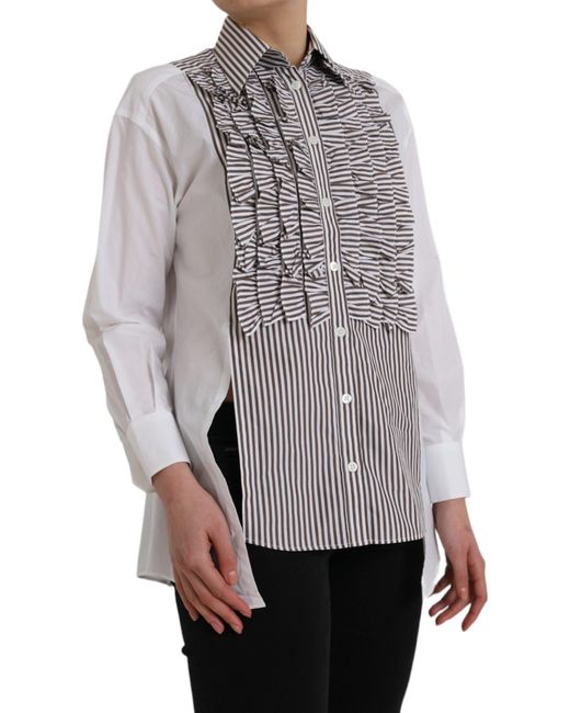 Dolce & Gabbana Gray Stripes Cotton Long Sleeves Ruffle Collar Top