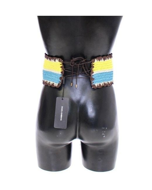 Dolce & Gabbana Gray Yellow Striped Wide Waist Raffia Belt for men
