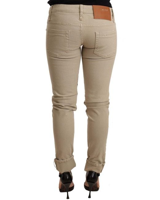 Acht Natural Beige Denim Cotton Bottom Slim Fit Folded Pant