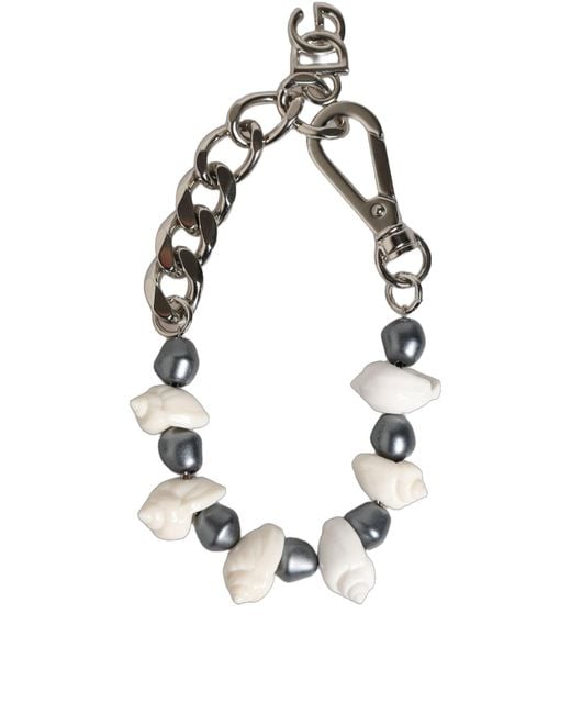 Dolce & Gabbana White Silver Tone Brass Beaded Shell Dg Logo Pendant Bracelet
