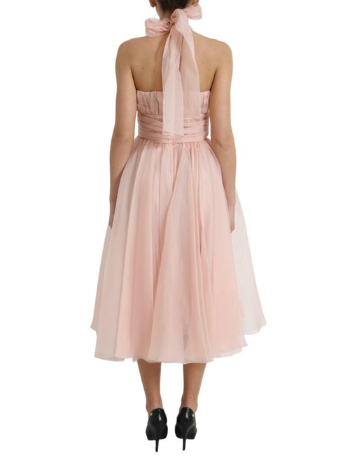 Dolce & Gabbana Pink Silk Chiffon Halter A-Line Pleated Midi Dress