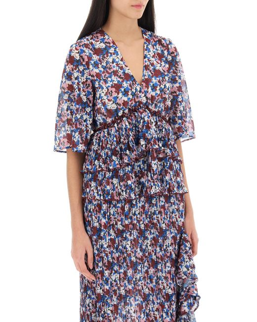 Ganni Blue Pleated Blouse With Floral Motif