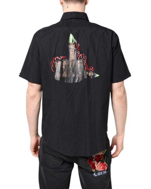 MSGM Black Printed Short Sleeves Collared Casual Shirt for men