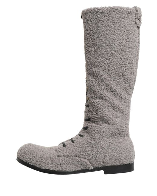 Dolce & Gabbana Gray Shearling Lace Up Knee High Boots Shoes for men